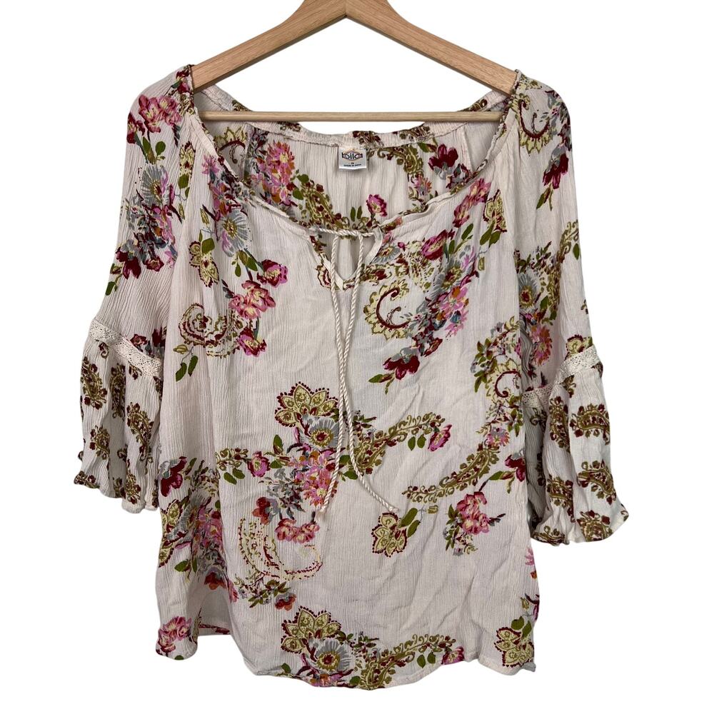 Bila Women's Size Small Floral Scoop Neck‎ Bell Sleeves Crinkle Boho Peasant Top